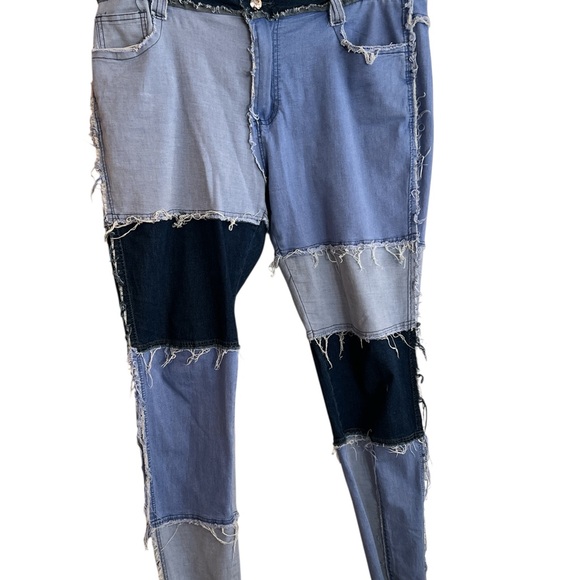 Patchwork Colorblock Jeans XXL Raw Edge Upcycled Denim Y2K Streetwear - Picture 2 of 4